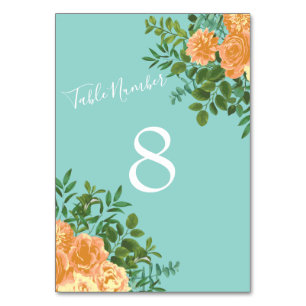 Peach Aqua Teal Wedding Roses Floral Table Number