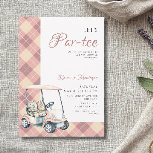 Peach Argyle Golf Cart Lets Par Tee Baby Shower Invitation