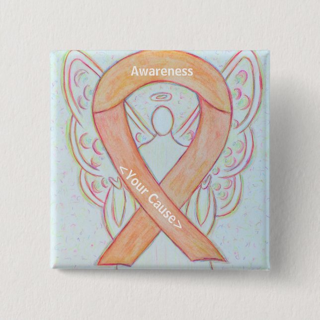 Peach Awareness Ribbon Angel Custom Button Pins (Front)