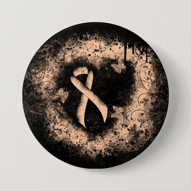 Peach Awareness Ribbon Grunge Heart 3 Inch Round Button (Front)
