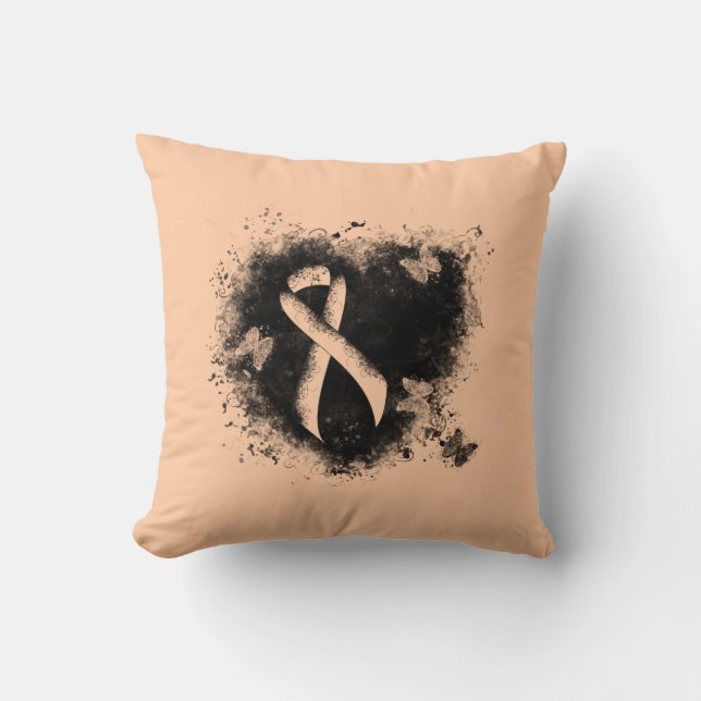 Peach Awareness Ribbon Grunge Heart Throw Pillow (Front)