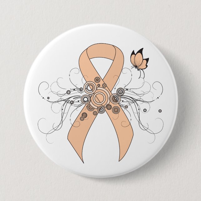 Peach Awareness Ribbon with Butterfly 3 Inch Round Button (Front)