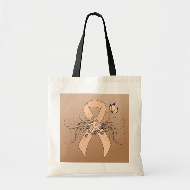 Peach Awareness Ribbon with Butterfly Tote Bag (Front)