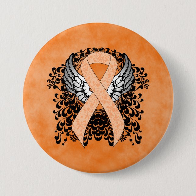 Peach Awareness Ribbon with Wings 3 Inch Round Button (Front)