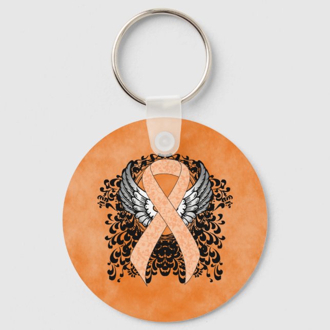 Peach Awareness Ribbon with Wings Keychain (Front)