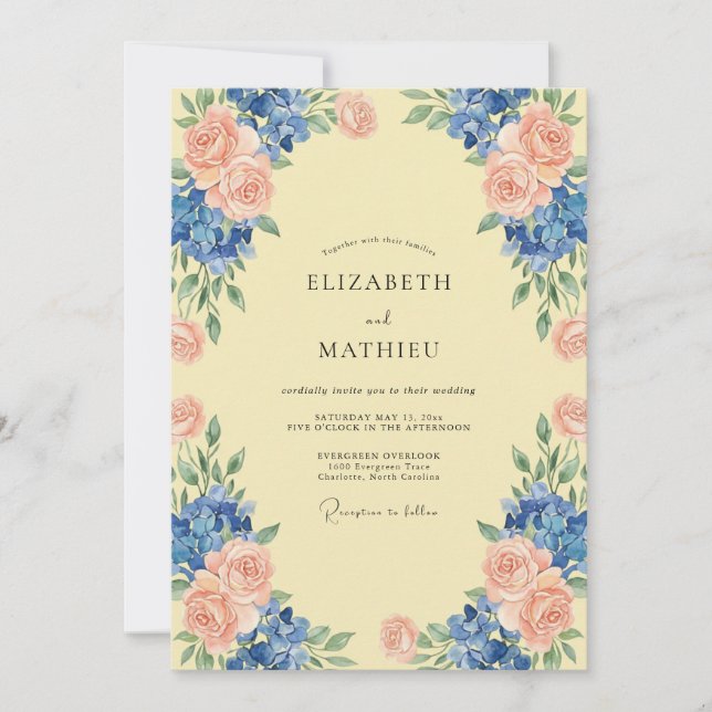 Peach Azure Hydrangea Eucalyptus Wedding Invitation (Front)