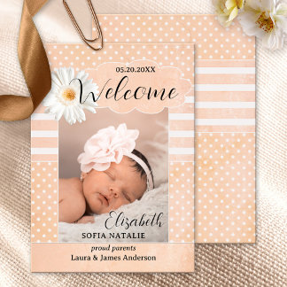 Peach Baby Girl Photo Faire-part de naissance Card