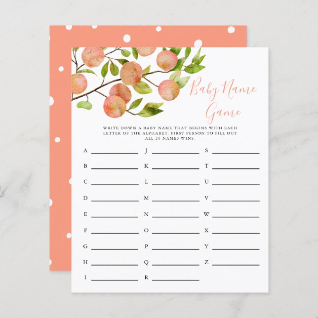 Peach Baby Name Shower Game (Front/Back)
