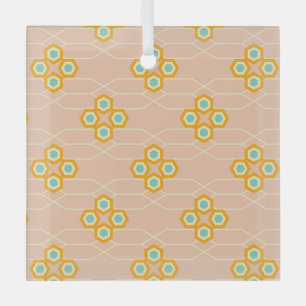 Peach background hexagonal floral pattern glass ornament