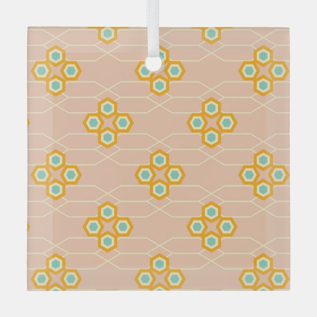 Peach background hexagonal floral pattern  glass ornament (Front)