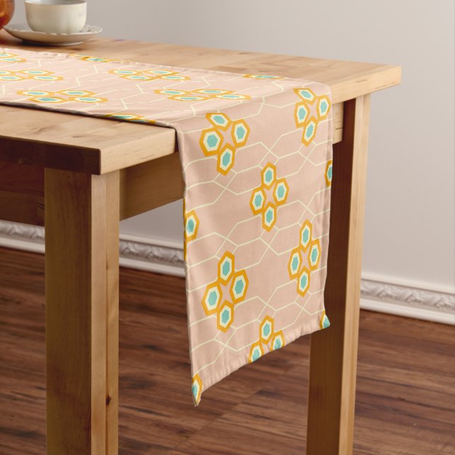 Peach background hexagonal floral pattern  short table runner (In Situ)