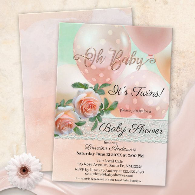 Peach Balloons Lace Twins Baby Shower Invitation (Creator Uploaded)