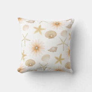 Peach Beach Seashells & Flowers Modern Glam Throw Pillow