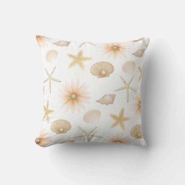 Peach Beach Seashells & Flowers Modern Glam Throw Pillow (Front)