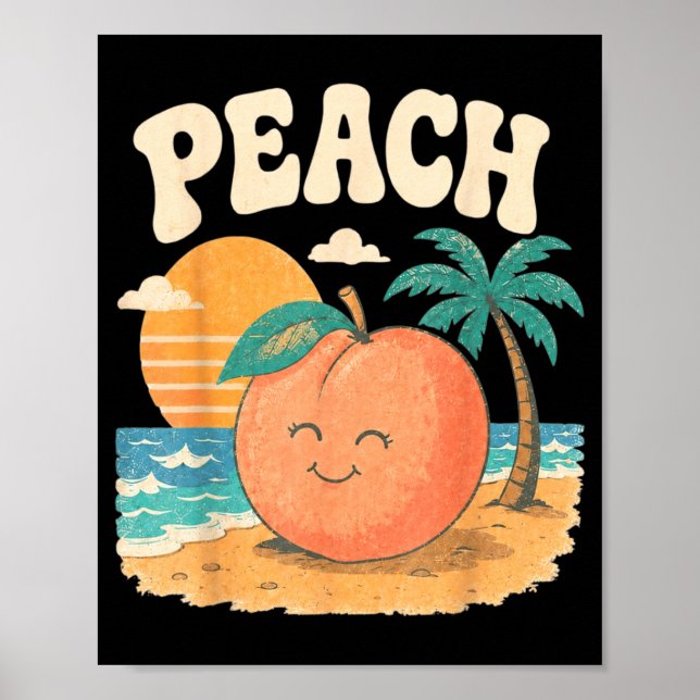 Peach Beach Summer Retro Cute Fruit Sunset Design Poster (Front)