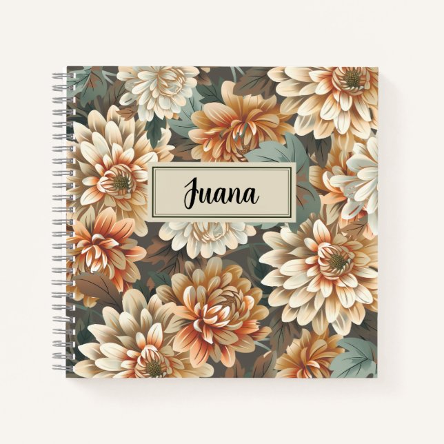 Peach Beige Chrysanthemum Floral Spiral Notebook (Front)
