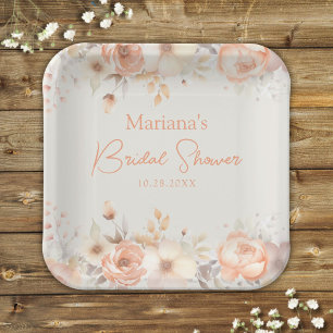 Peach Beige Floral on Ivory Bridal Shower Paper Plate