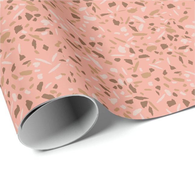 Peach Beige Tan Brown Terrazzo Marble Pattern Wrapping Paper (Roll Corner)