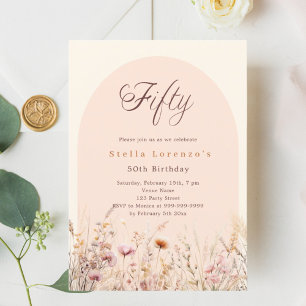 Peach beige wildflower florals 50th birthday invitation