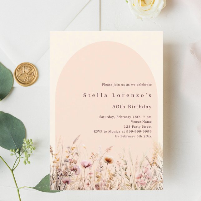 Peach beige wildflower florals birthday invitation (Creator Uploaded)