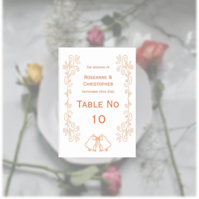 Peach Bells Scrollwork Design Wedding Table Number (Peach wedding reception table number bells and scrollwork design)