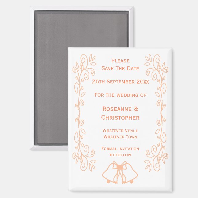 Peach Bells Scrollwork Wedding Save The Date Magnet (Front/Back)