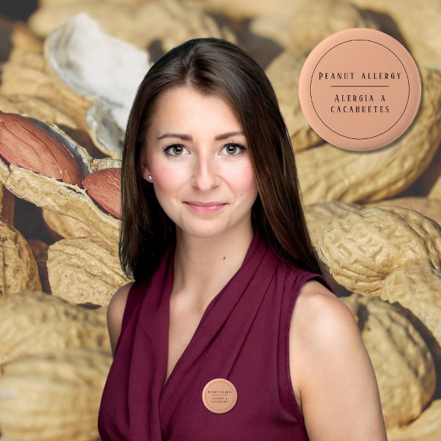 Peach Bilingual Peanut Allergy Alert Spanish 2 Inch Round Button (Bilingual Peanut allergy warning button, Spanish text, editable. multilingual project)