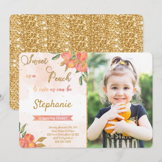 Peach Birthday Photo Invitations  (Front/Back)
