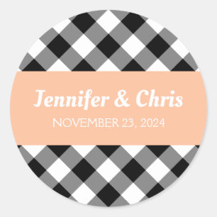 Peach Black and White Buffalo Plaid Wedding Classic Round Sticker