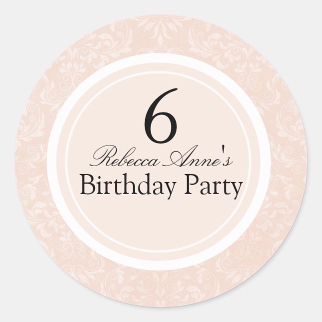 Peach & Black Damask Kids Birthday Party Sticker (Front)