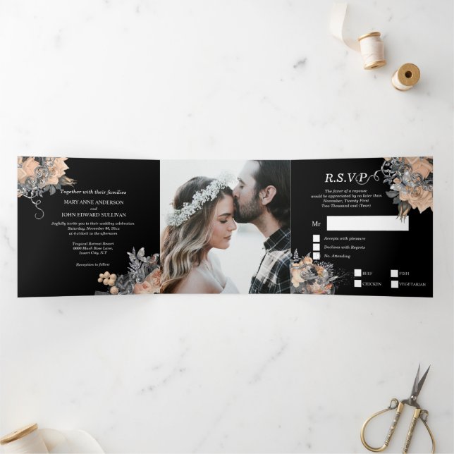 Peach black glitter butterfly rose DIY photo Tri-Fold Invitation (Inside)