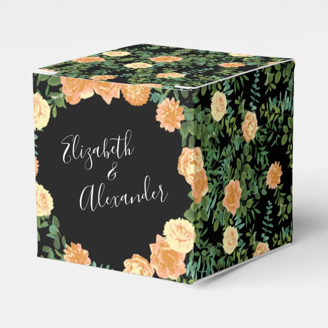 Peach & Black Peony & Rose Floral Wedding Favor Box (Front Side)