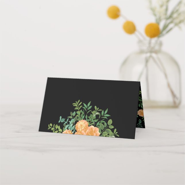 Peach Black Peony & Rose Floral Wedding Place Card (Front)