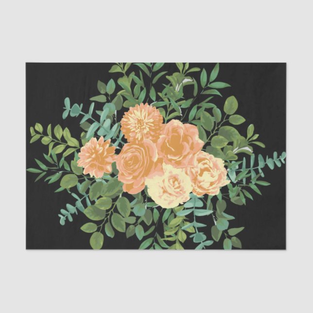 Peach & Black Peony & Rose Floral Wedding Tissue Paper (Front)