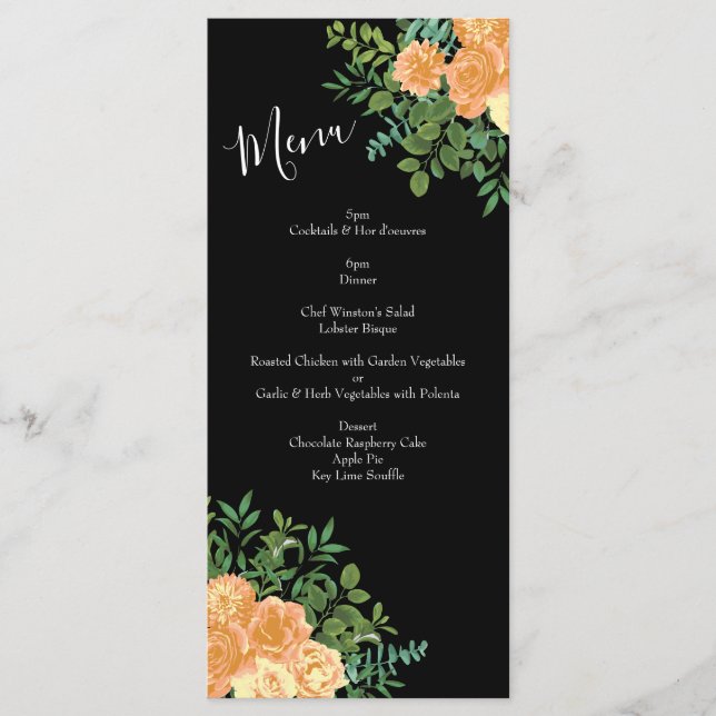 Peach Black Peony Rose Wedding Menu (Front)