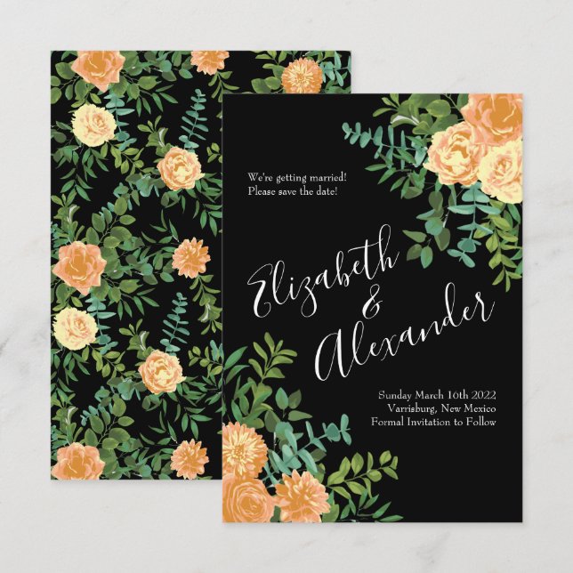 Peach & Black Peony Rose Wedding Save Date Invitation (Front/Back)
