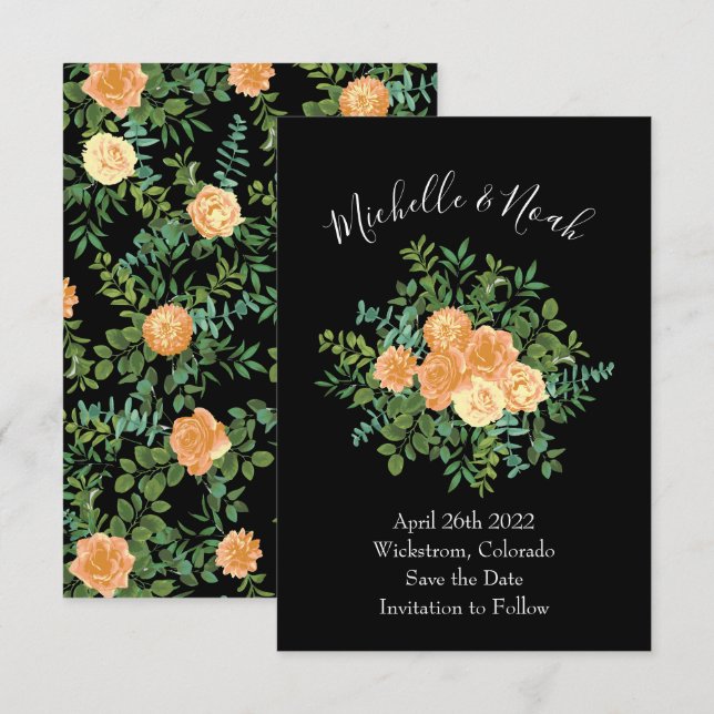 Peach Black Peony & Rose Wedding Save Date Invitation (Front/Back)