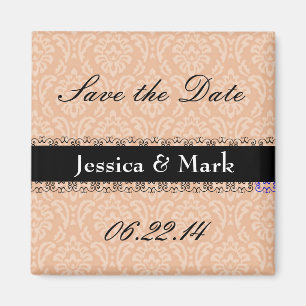 Peach & Black Save Date Damask Wedding Magnet