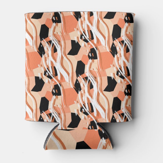 Peach Black White Abstract Pattern. Can Cooler (Front)