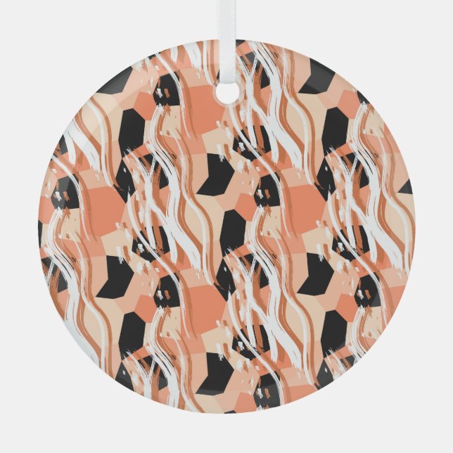 Peach Black White Abstract Pattern. Glass Ornament (Front)