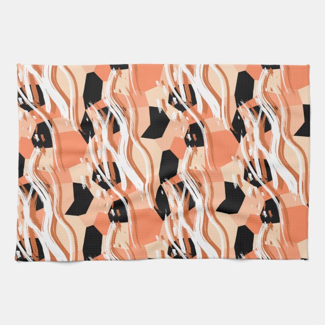 Peach Black White Abstract Pattern. Kitchen Towel (Horizontal)