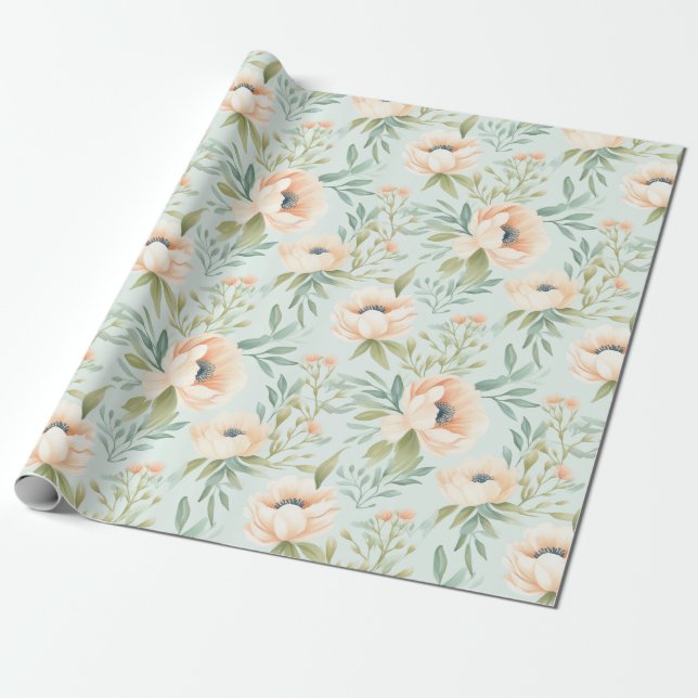 Peach Blooming Floral Flower Wrapping Paper (Unrolled)