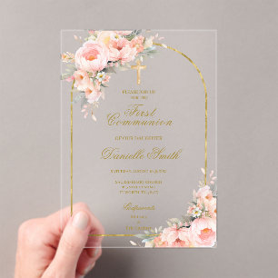 Peach blossom Floral Baptism Acrylic Invitations