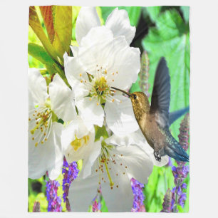 Peach Blossom Hummingbird Fleece Blanket