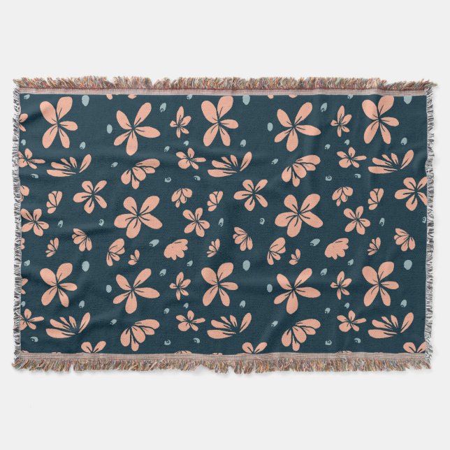 Peach Blossom Petals on Midnight Blue Throw Blanket (Front)