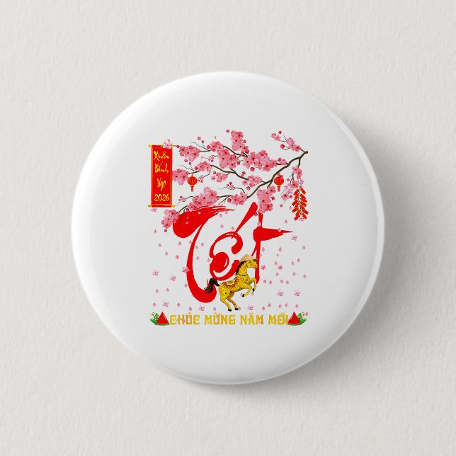Peach Blossom Vietnamese Lunar New Year Horse 2026 2 Inch Round Button (Front)