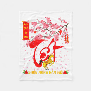 Peach Blossom Vietnamese Lunar New Year Horse 2026 Fleece Blanket