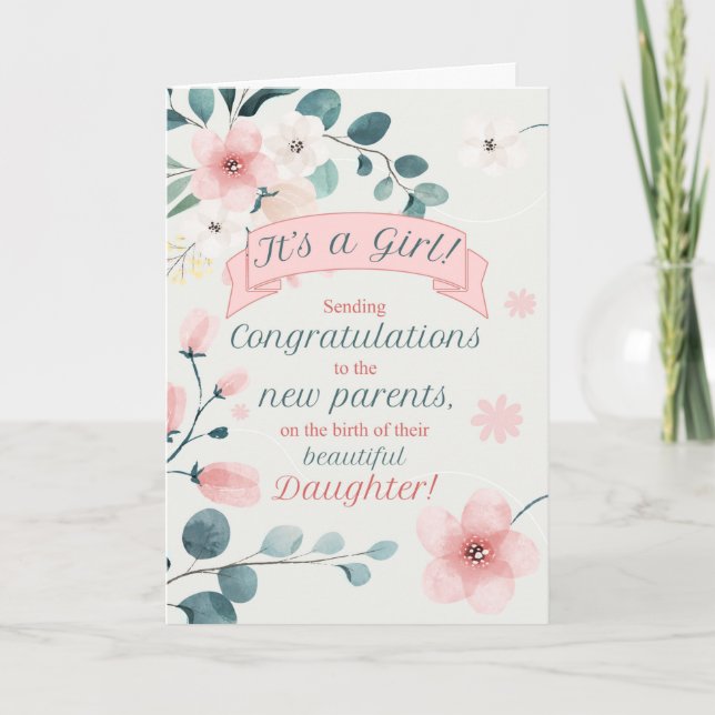 Peach Blossoms Birth of a Daughter Congratulations Card (Front)