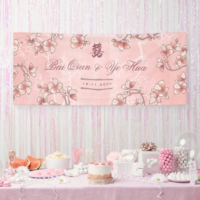 Peach Blossoms Double Happiness Chinese Wedding Banner (Party)