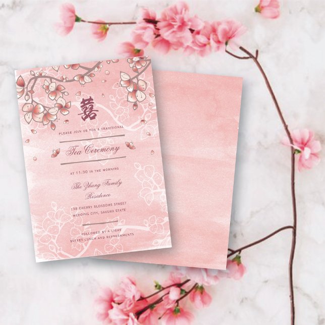 Peach Blossoms Double Happiness Chinese Wedding Enclosure Card (Pink Peach/Plum Blossoms Double Happiness Elegant Chinese Wedding Enclosure Card @ fatfatin_red_knot)